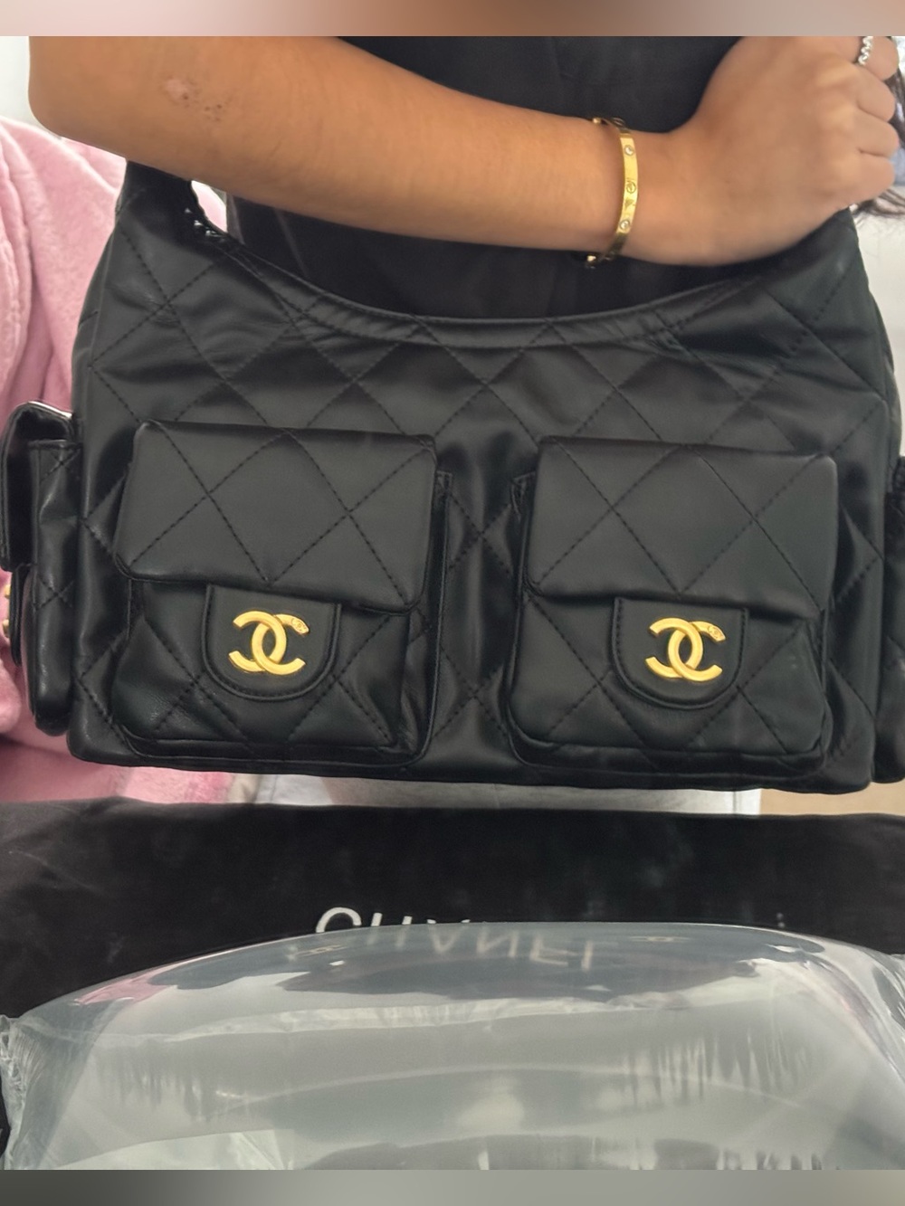 Quilted Black Shoulder Bag with Dual Front Pockets